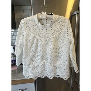 RD+KoKo Eyelet Blouse White Lined SzL Wide 3/4 Sleeve Easter,Brunch,Shower,Work